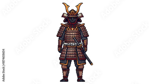 A pixel art illustration of a samurai warrior in traditional armor with a sword