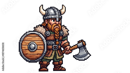 A pixel art illustration of a Viking warrior with a horned helmet holding an axe and shield
