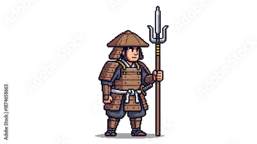 A pixel art illustration of a samurai warrior in traditional armor holding a trident