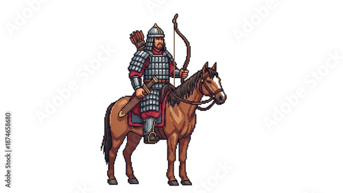 A medieval archer rides a brown horse wearing armor and holding a bow and arrow