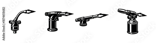 Torch vector icons set, welding, soldering tools, black gas burner symbols