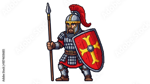 A medieval knight in armor holding a spear and shield with a red and yellow cross