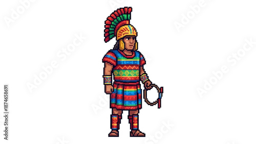 A colorful pixel art illustration of an Aztec warrior in traditional attire holding a rope