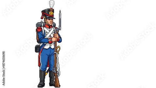 A cartoon illustration of a French soldier in a blue and red uniform holding a rifle and bayonet