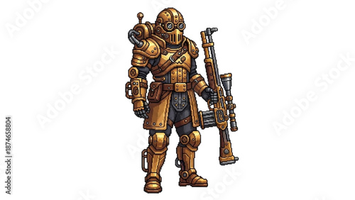 A futuristic armored character holding a large gun in a sci-fi setting