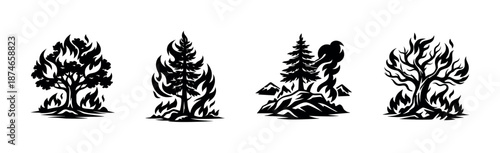 Wildfire vector icons set of burning trees. flame, blaze, fire hazard symbols