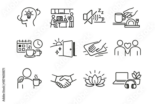 Icons readiness start courtesy vector icon overview quiet efficiency shared office etiquette