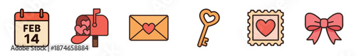 Valentine's Day icon collection featuring a February 14 calendar, love letter, heart-shaped key, mailbox, postage stamp, and pink bow in a cute flat design style