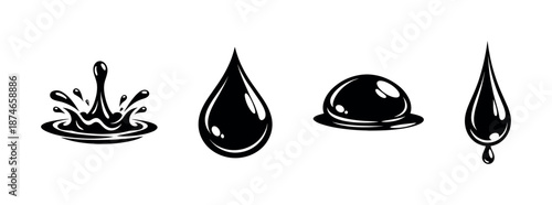Water drop vector icons set. liquid, black water symbols, splash, droplet, glossy effect