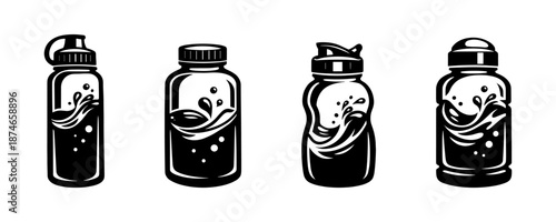 Water bottle vector icons set with swirls, drink containers, black and white symbols