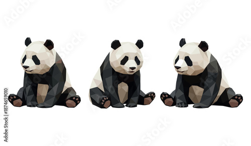 Three geometric pandas in different poses on white background
