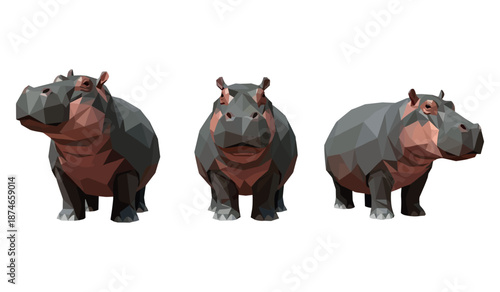 Three low-poly hippopotamuses on white background