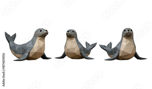 Low poly geometric seals on white background