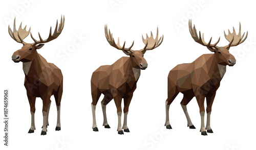 Low poly moose trio on white background