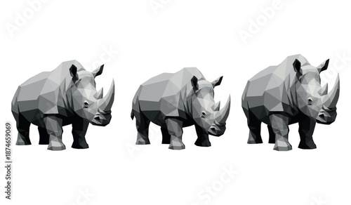 Polygonal rhinos: three geometric rhinoceroses in low poly art style