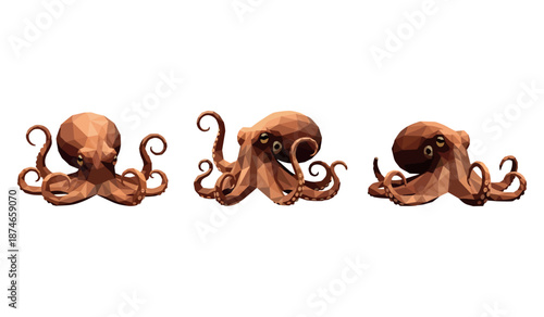 Polygonal octopus trio on white background: geometric marine art