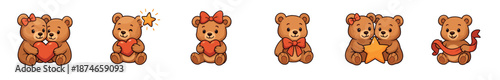 Set of cute cartoon teddy bears holding hearts, stars, and ribbons in a charming collection of adorable characters for Valentine's Day or romantic celebrations
