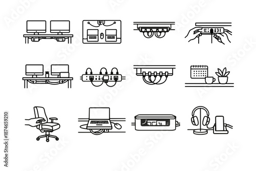 Cable icons management icon setup focus work mindful minimalist wiring vector workspace