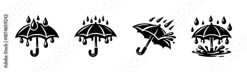 Umbrella vector icons set with rain. wet symbols for weather, protection themes.