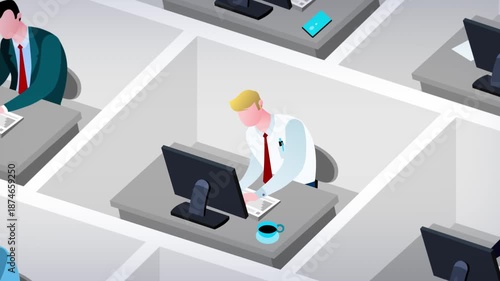 Business style cartoon office employees in cubicles zoom out. Different characters animated workers in a big office. They are working all day with no break. Seamles loop of busy society.