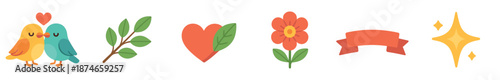 Charming collection of six flat design elements featuring a pair of lovebirds, a leafy twig, a heart, a flower, a decorative ribbon, and a bright yellow sparkle