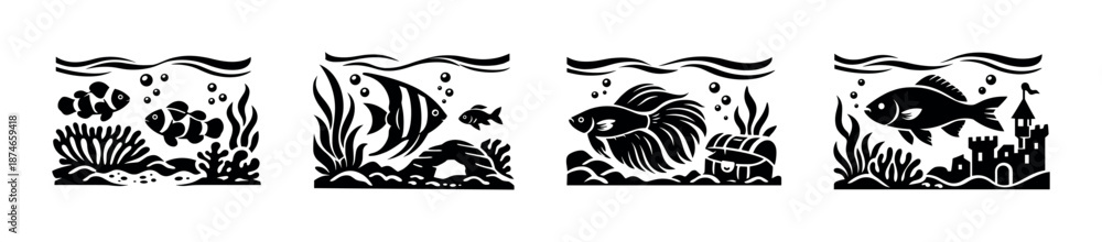 Fototapeta premium Aquarium fish vector icons set: aquatic symbols, sea life illustrations