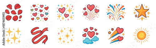 Set of cute celebration and love icons including hearts, stars, fireworks, rose petals, a sun, and a ribbon, illustrated in a vibrant and joyful hand-drawn cartoon vector style