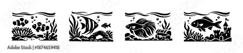 Aquarium fish vector icons set: aquatic symbols, sea life illustrations
