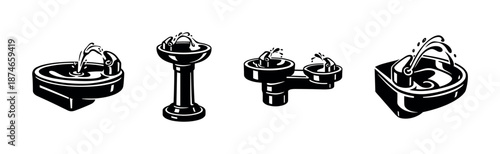 Water fountains vector icons set: classic, modern, outdoor, decorative