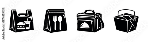 Food packaging vector icons set: takeaway, delivery, meal boxes, and containers