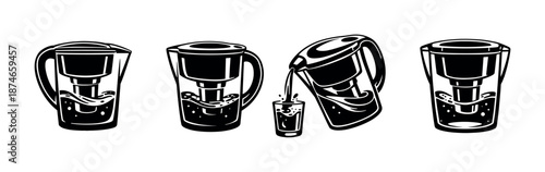 Water filter jug vector icons set. flat black kitchen appliance symbols collection