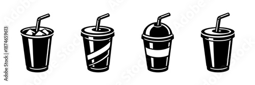 Beverage cups vector icons set with drink silhouettes in flat, outline, and solid styles