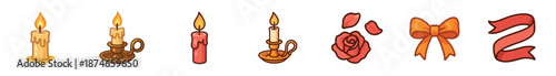 Charming set of romantic cartoon icons featuring lit candles in vintage holders, a red rose with petals, a decorative bow, and a festive ribbon