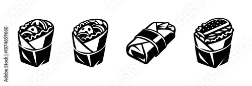 Burrito vector icons set in black and white with wrap and taco symbols