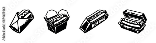 Hot dog vector icons set: fast food, junk food, cartoon hot dogs, black and white