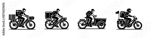 Delivery service vector icons set: bicycle, courier, cargo transport symbols