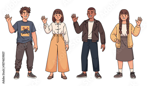 Diverse group of young people waving in casual outfits