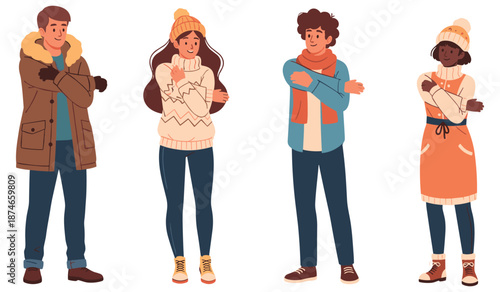 Diverse group of young adults in winter outfits with caucasian and african female and male