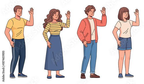 Diverse young adults waving in casual outfits on white background