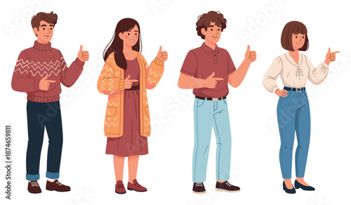 Group of diverse young adults giving thumbs up and pointing