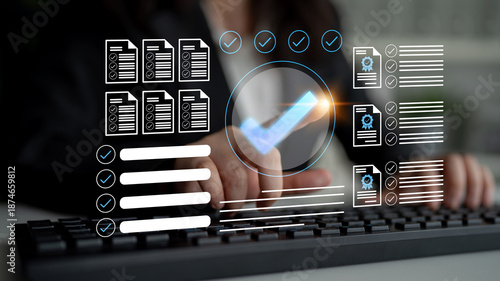 Fotografi A professional office scene showcasing efficient document management and modern digital checkmark systems, illustrating improved workflow and productivity in business settings