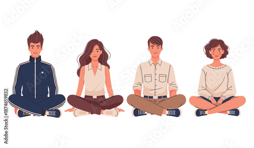 Group of young caucasian adults sitting cross-legged in casual attire