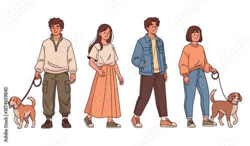 Diverse young adults walking dogs: casual fashion and pet companions
