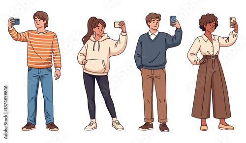 Diverse group of young adults taking selfies with smartphones