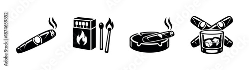 Smoking elements vector icons set, monochrome cigar, match, ashtray symbols