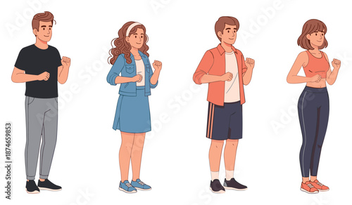Group of animated characters exercising: diverse young adults in sporty outfits