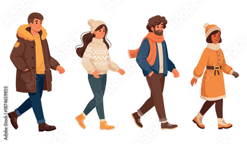 Diverse group of young adults in winter clothing walking together