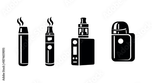 Electronic cigarette vector icons set: vape pen, mod, and pod symbols in black