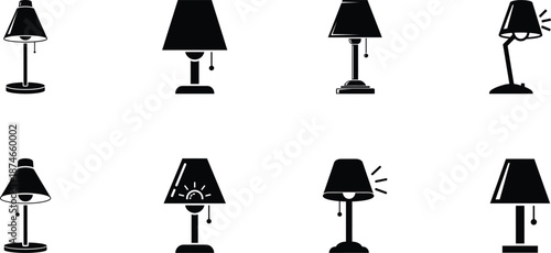 Collection of various black table lamps with different shades and designs