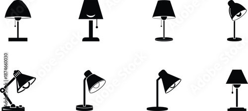 Collection of various desk lamps in different positions and styles